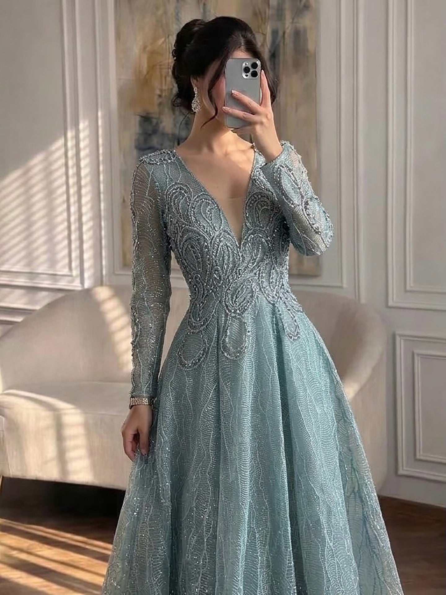 Luxury Nude Beaded V Neck Long Sleeve A Line Evening Dress LA73747