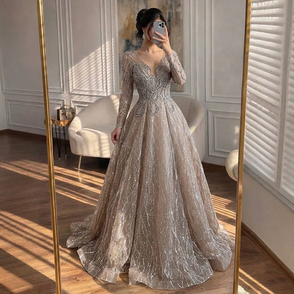 Luxury Nude Beaded V Neck Long Sleeve A Line Evening Dress LA73747