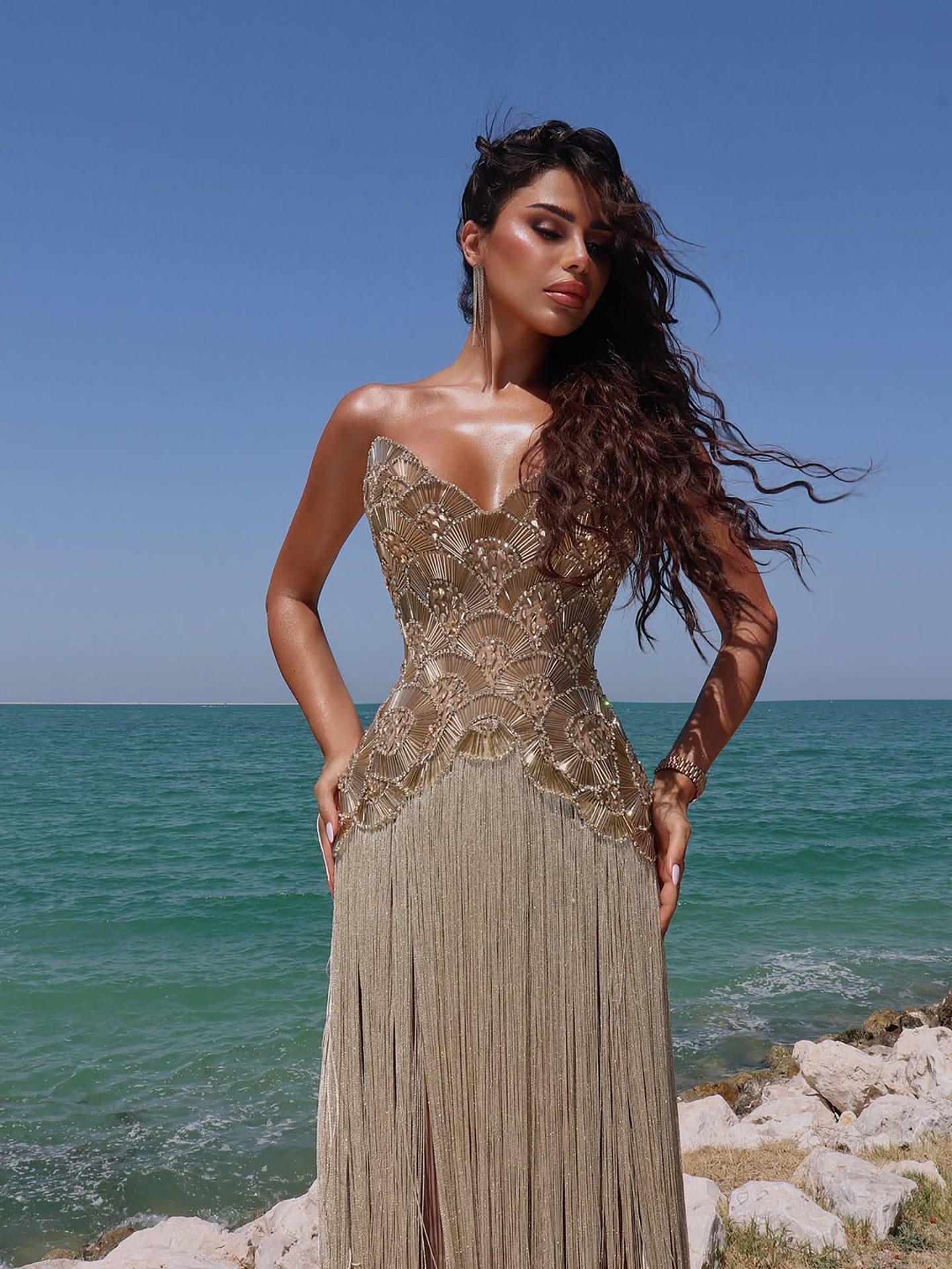 Luxury Hand Made Nude Gold Scallop Tassel Evening Dress LA73748