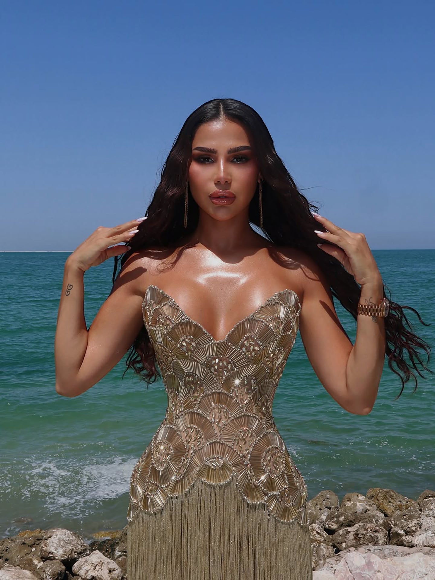 Luxury Hand Made Nude Gold Scallop Tassel Evening Dress LA73748