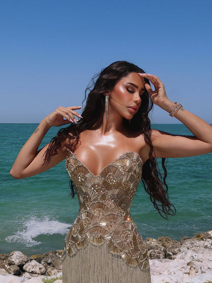 Luxury Hand Made Nude Gold Scallop Tassel Evening Dress LA73748