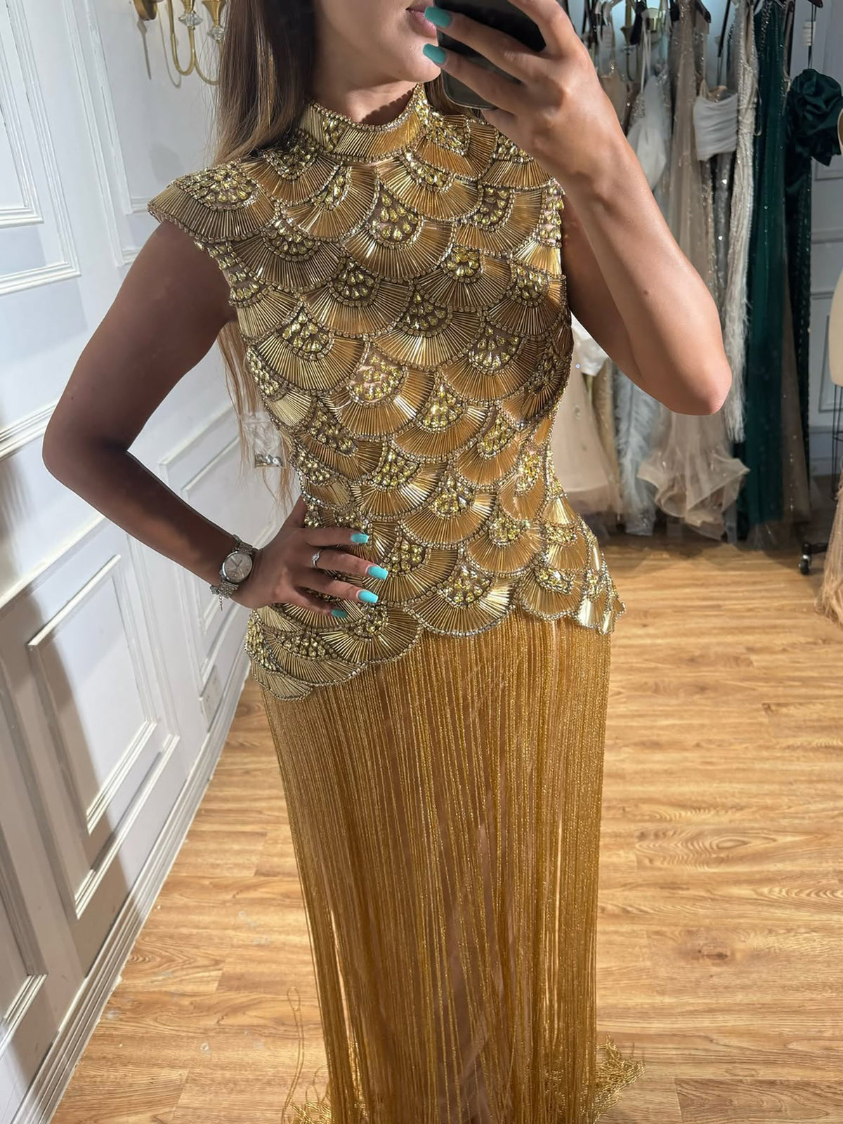 Luxury Gold Crystal Beaded Tassel High Neck Evening Dress LA73748A