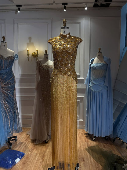 Luxury Gold Crystal Beaded Tassel High Neck Evening Dress LA73748A