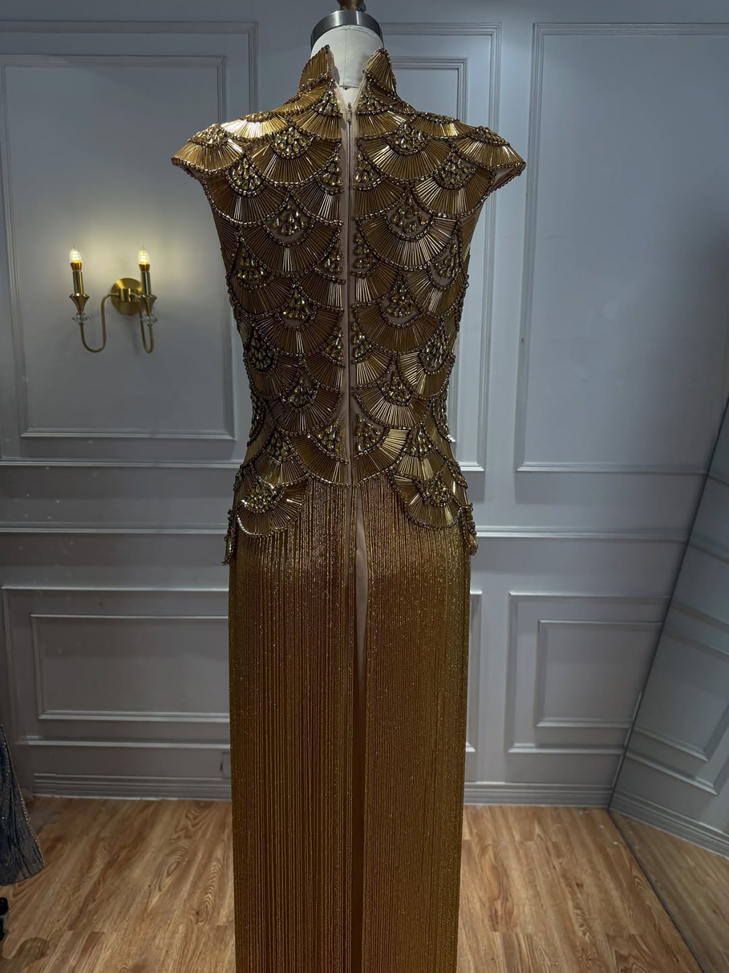 Luxury Gold Crystal Beaded Tassel High Neck Evening Dress LA73748A
