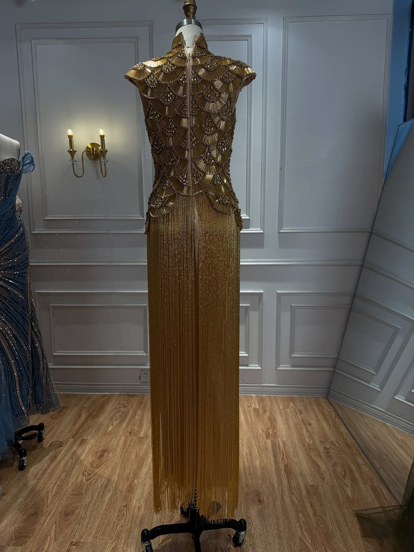 Luxury Gold Crystal Beaded Tassel High Neck Evening Dress LA73748A