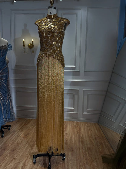 Luxury Gold Crystal Beaded Tassel High Neck Evening Dress LA73748A