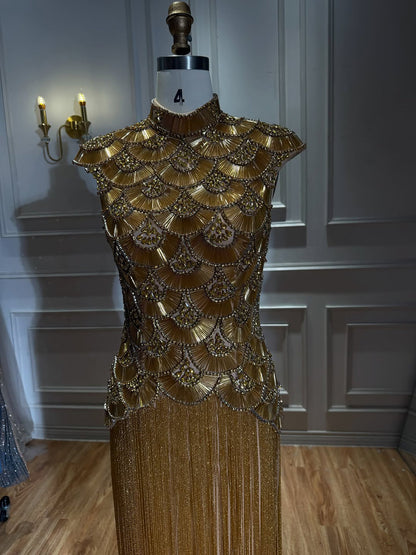 Luxury Gold Crystal Beaded Tassel High Neck Evening Dress LA73748A