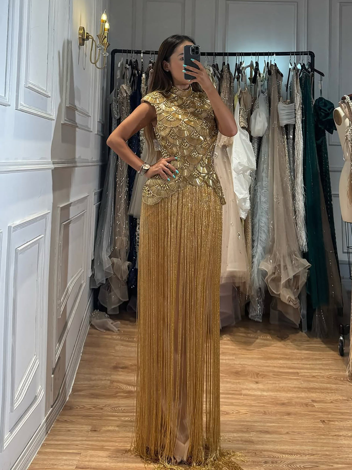 Luxury Gold Crystal Beaded Tassel High Neck Evening Dress LA73748A