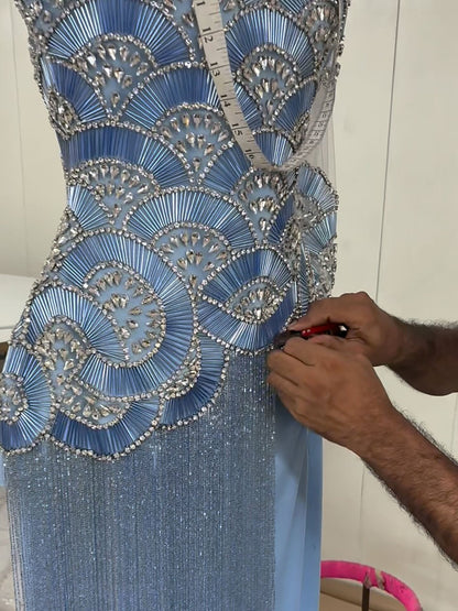 Luxury Gold Crystal Beaded Tassel High Neck Evening Dress LA73748A