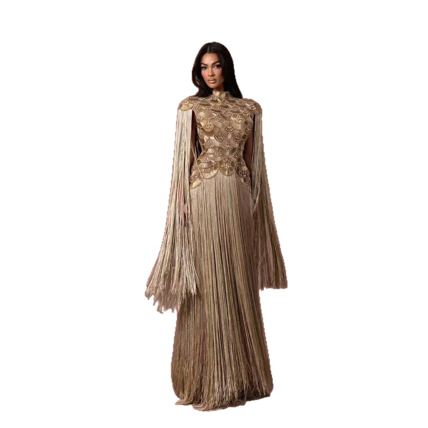 Luxury Gold Scallop Beaded High Neck Dress with Tassel Sleeves LA73748B