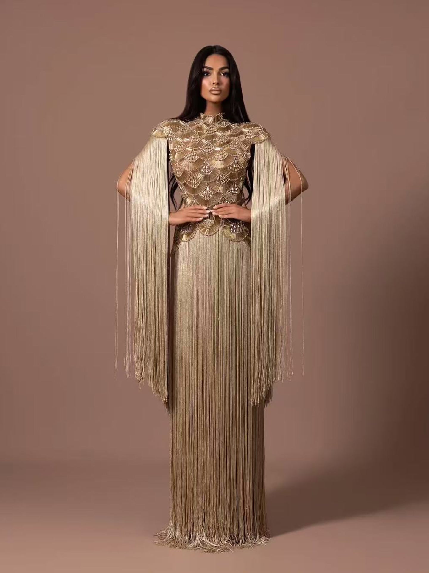 Luxury Gold Scallop Beaded High Neck Dress with Tassel Sleeves LA73748B