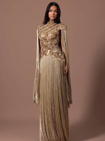 Luxury Gold Scallop Beaded High Neck Dress with Tassel Sleeves LA73748B