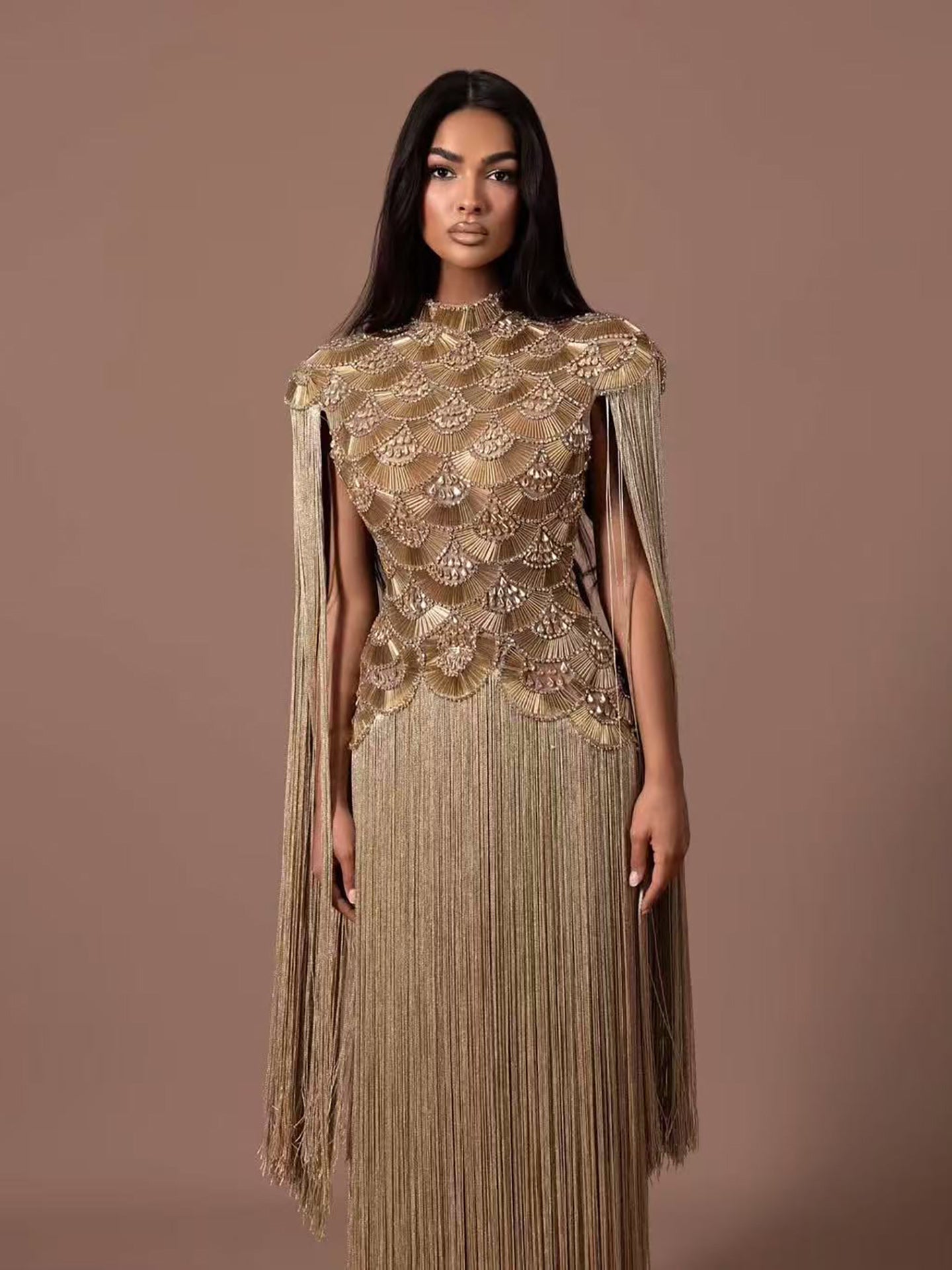 Luxury Gold Scallop Beaded High Neck Dress with Tassel Sleeves LA73748B