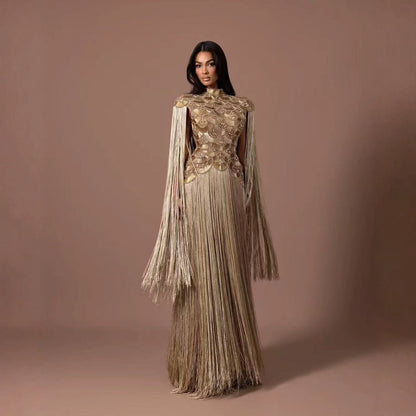 Luxury Gold Scallop Beaded High Neck Dress with Tassel Sleeves LA73748B