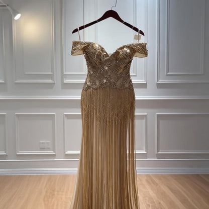 Luxury Gold Off Shoulder Sweetheart Beaded Fringe Dress LA73748C