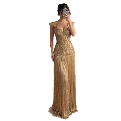 Luxury Gold Sweetheart Scalloped Beaded Fringe Long Dress LA73748F