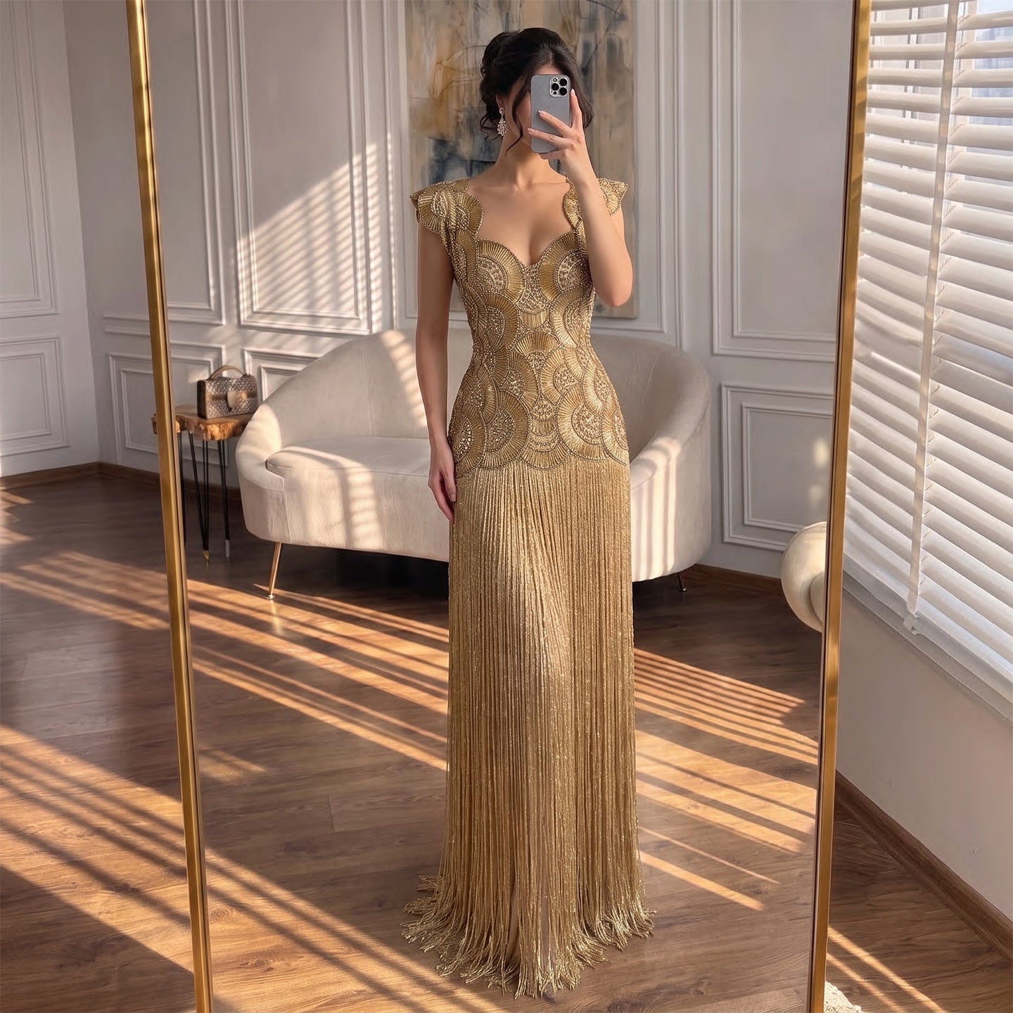 Luxury Gold Sweetheart Scalloped Beaded Fringe Long Dress LA73748F