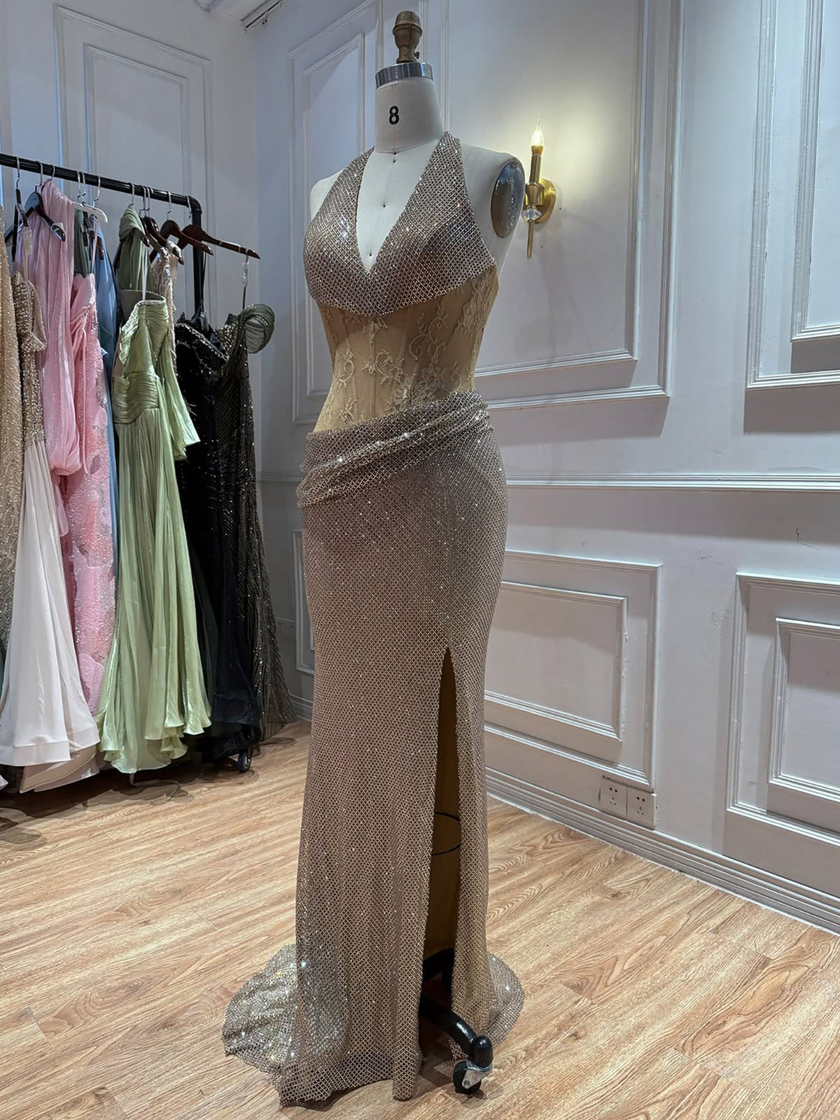 Gold Crystal Beaded Halter High Slit Mermaid Evening Dress LA73749A