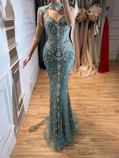 Luxury Nude Crystal Beaded Tassel Mermaid Evening Dress LA73751