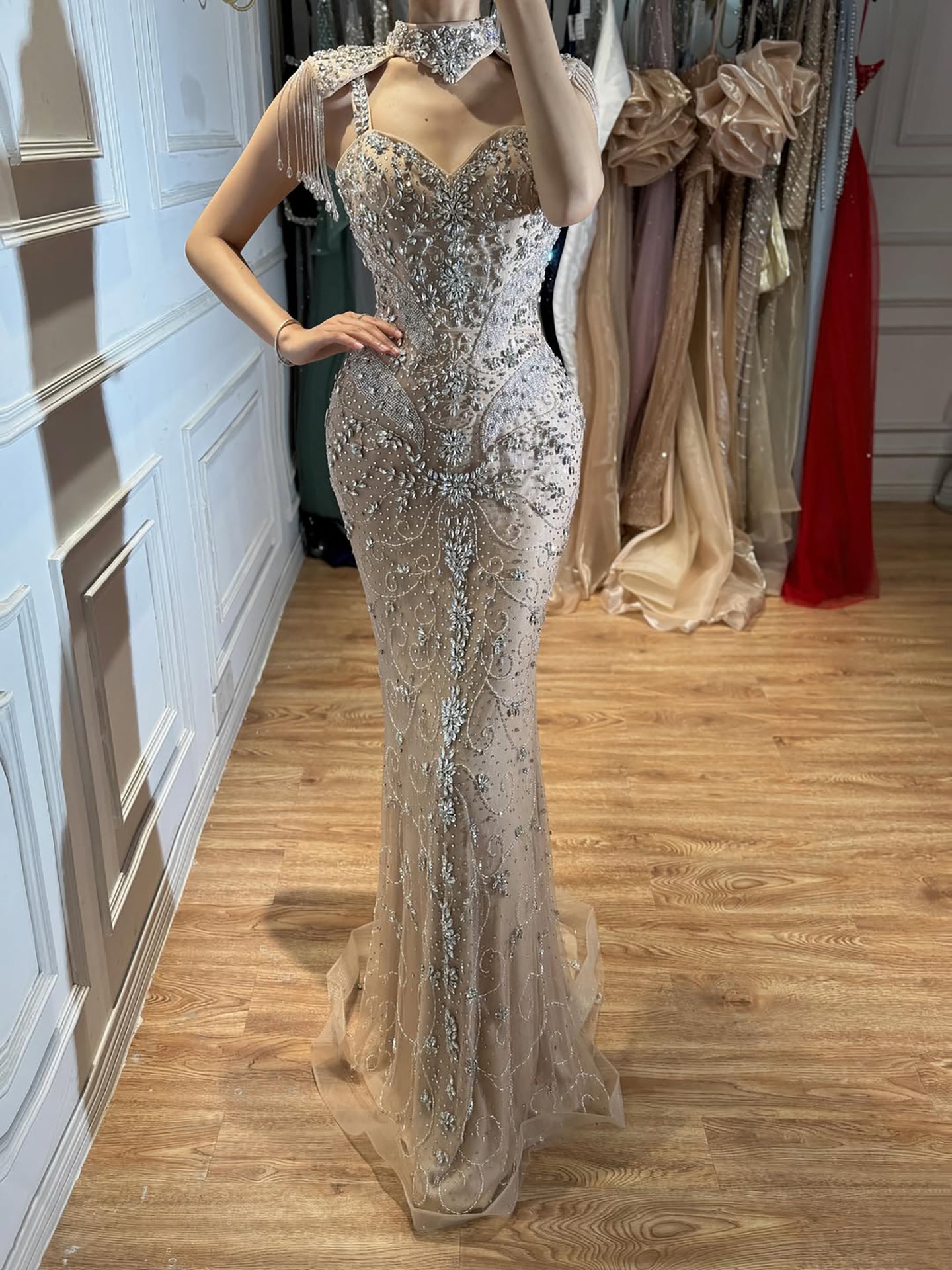 Luxury Nude Crystal Beaded Tassel Mermaid Evening Dress LA73751