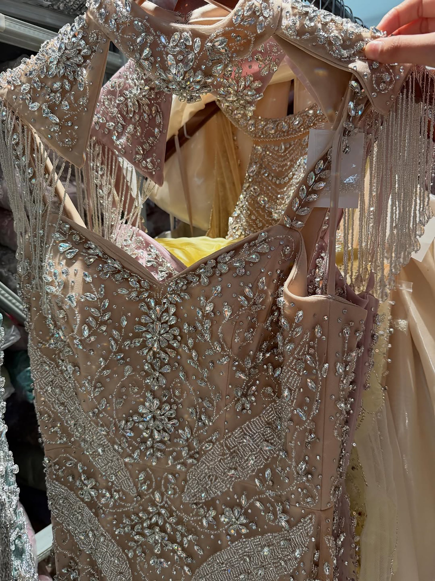 Luxury Nude Crystal Beaded Tassel Mermaid Evening Dress LA73751