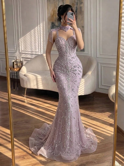 Luxury Nude Crystal Beaded Tassel Mermaid Evening Dress LA73751