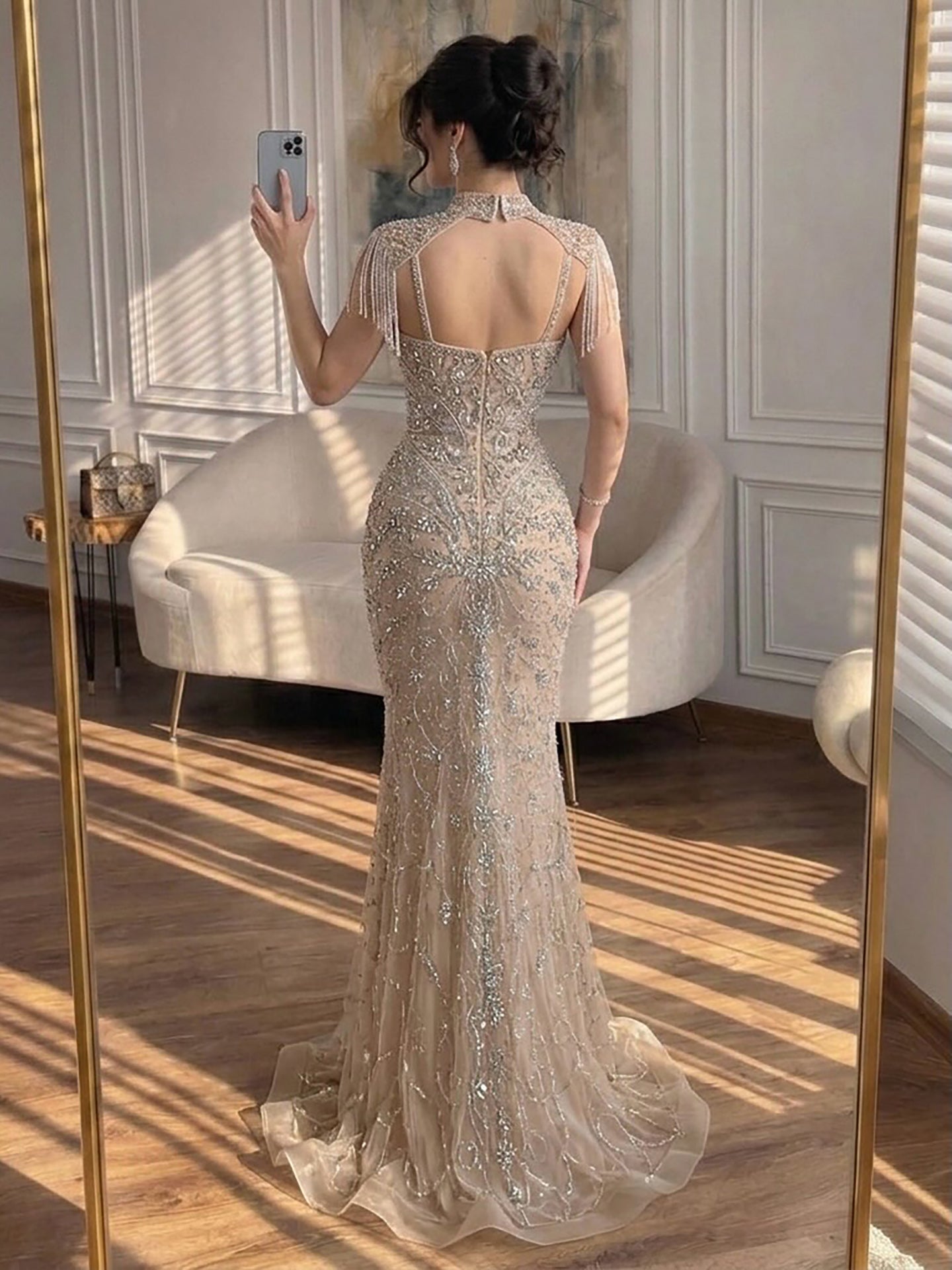 Luxury Nude Crystal Beaded Tassel Mermaid Evening Dress LA73751
