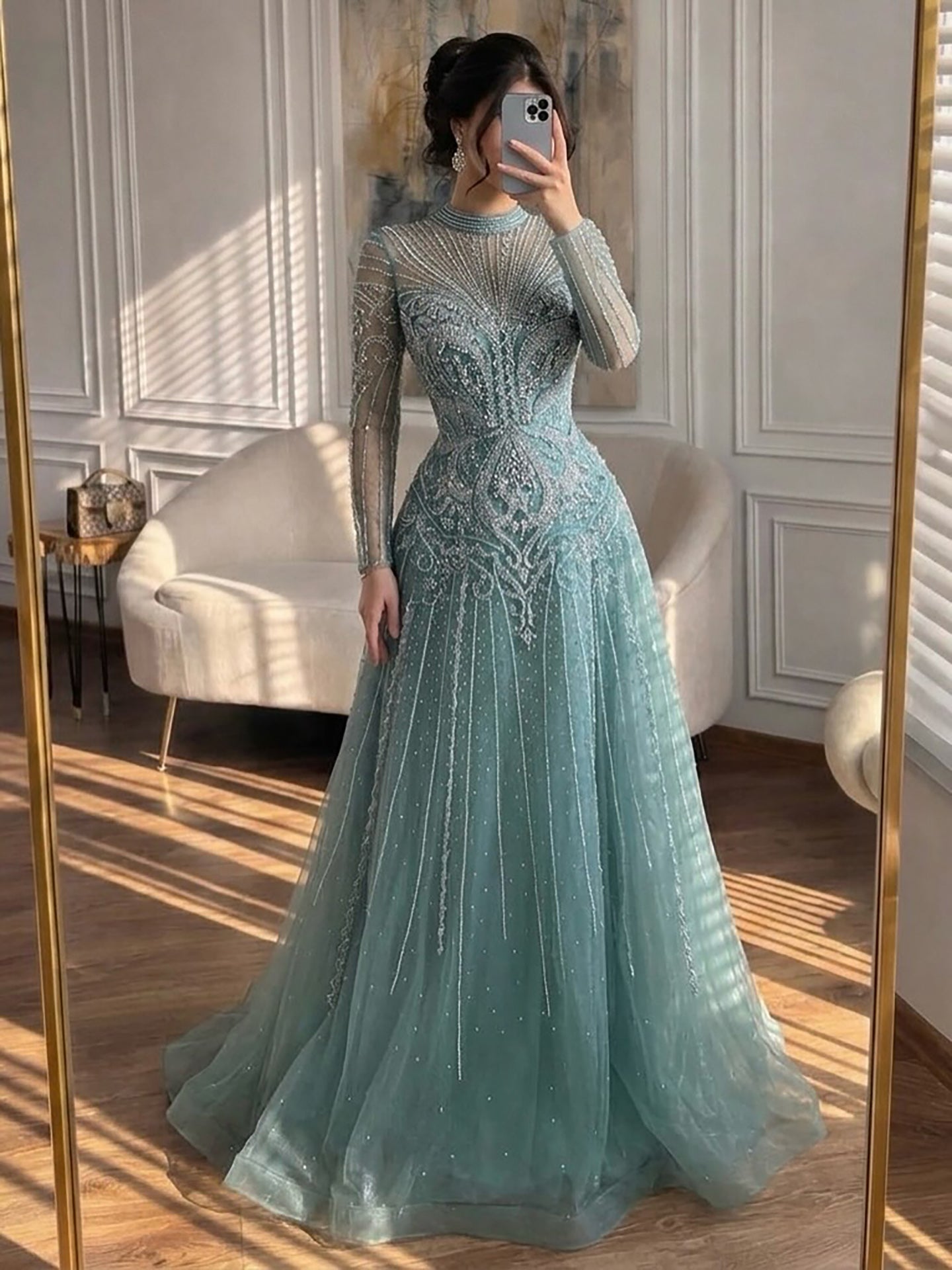 Luxury Turquoise Crystal Beaded Evening Dress LA73752
