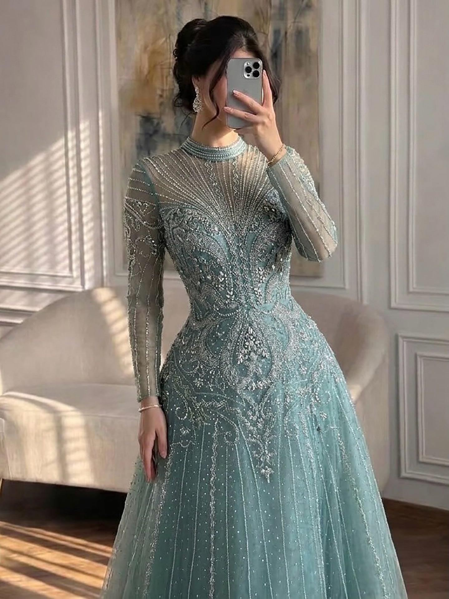 Luxury Turquoise Crystal Beaded Evening Dress LA73752