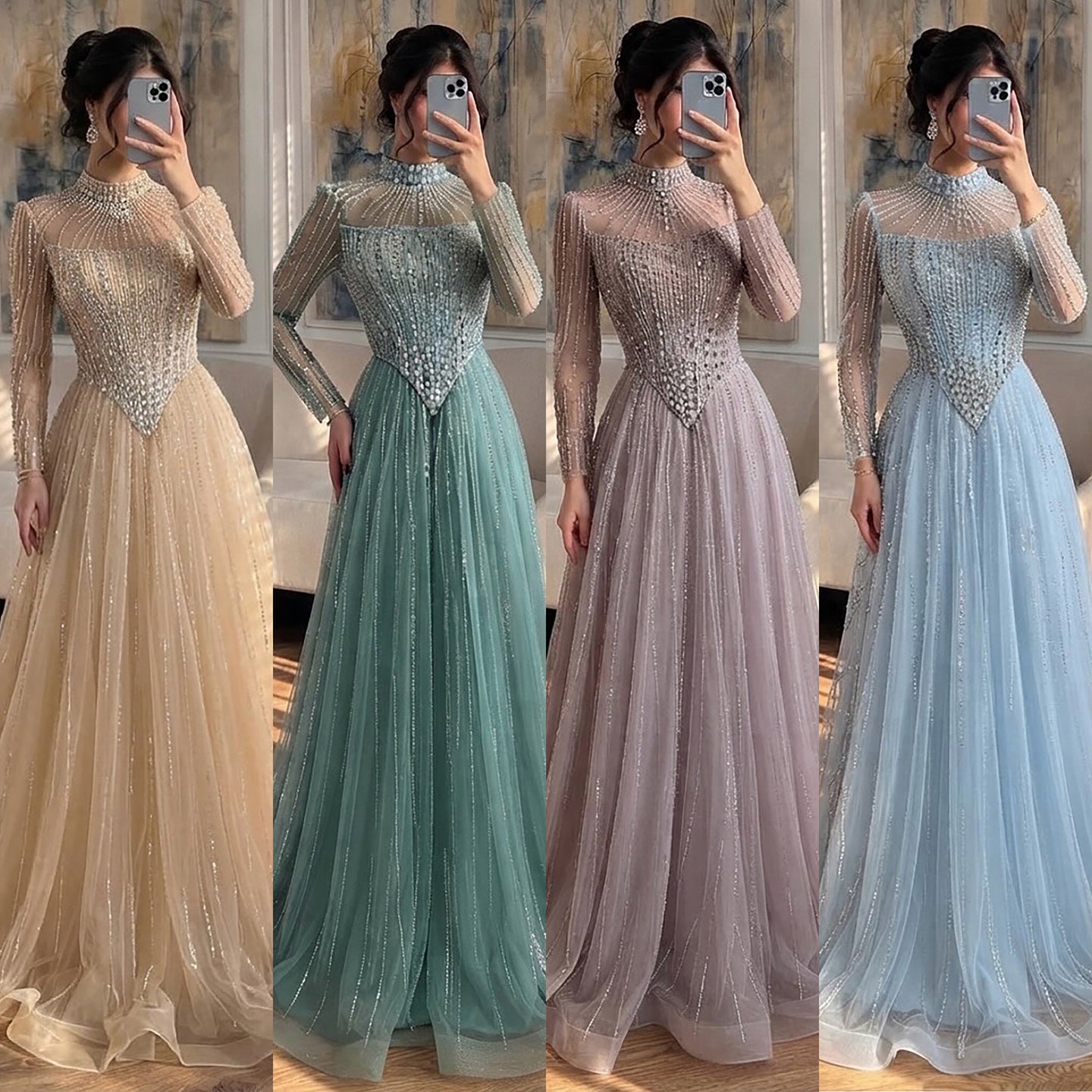 Luxury Nude Crystal Beaded A Line Evening Dress LA73753