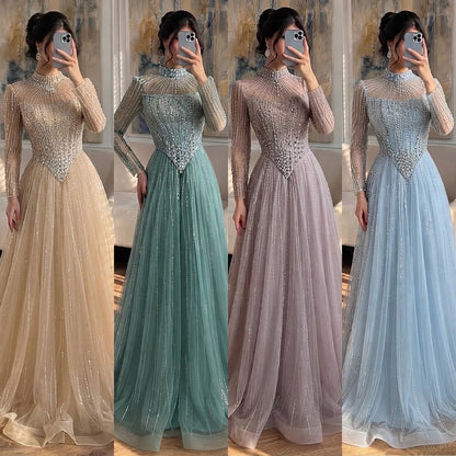 Luxury Nude Crystal Beaded A Line Evening Dress LA73753
