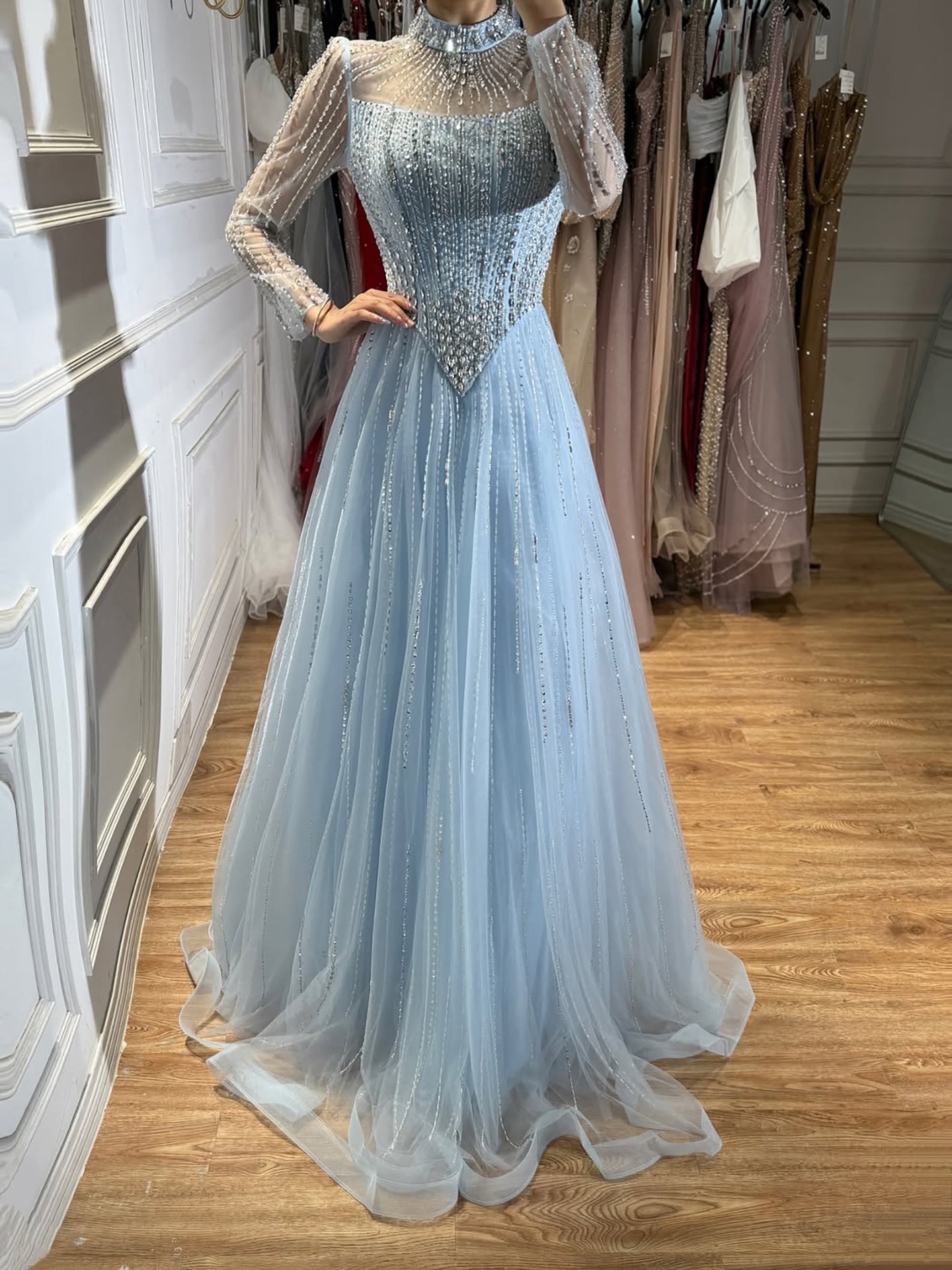 Luxury Nude Crystal Beaded A Line Evening Dress LA73753