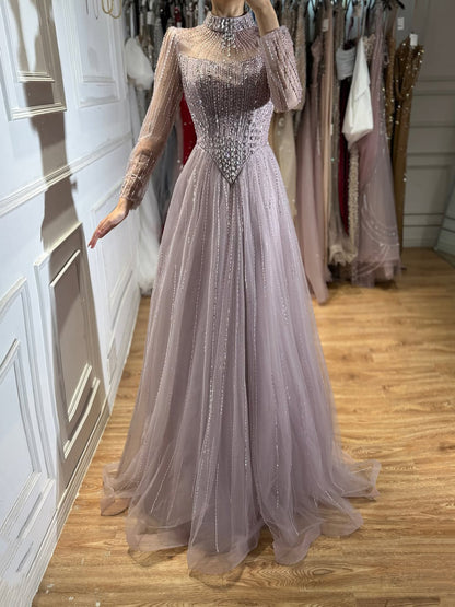 Luxury Nude Crystal Beaded A Line Evening Dress LA73753