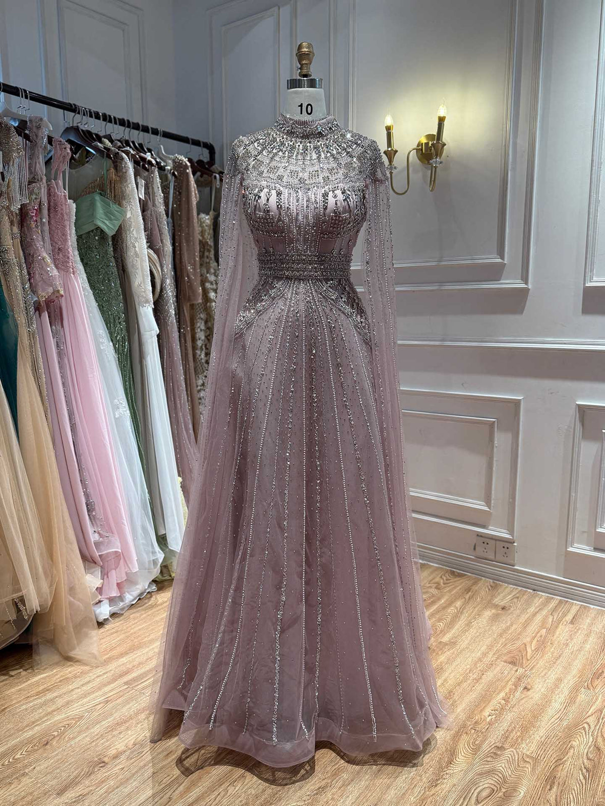 Luxury Caramel Crystal Beaded Cape Sleeves A-Line Dress LA73756