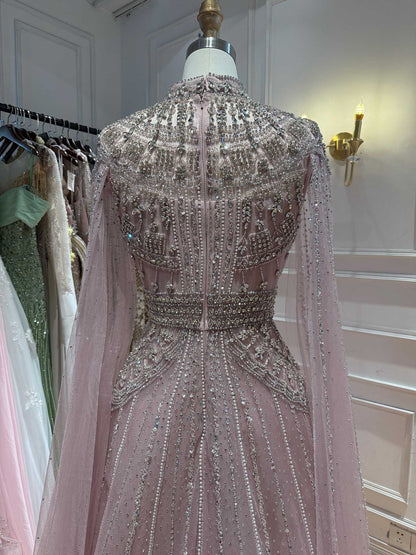 Luxury Caramel Crystal Beaded Cape Sleeves A-Line Dress LA73756