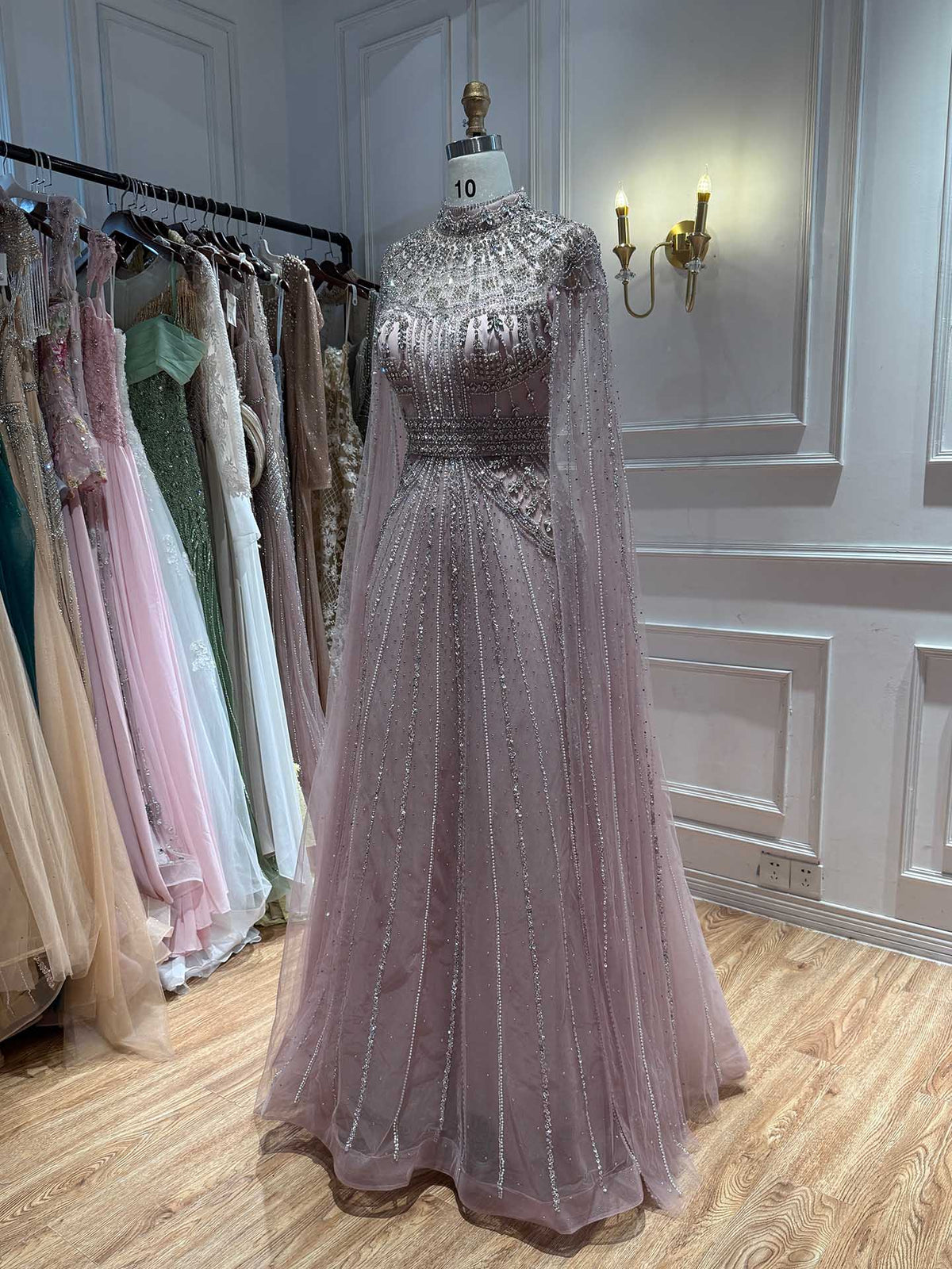 Luxury Caramel Crystal Beaded Cape Sleeves A-Line Dress LA73756