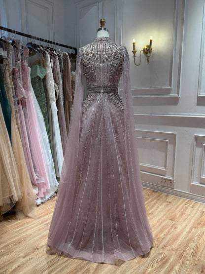 Luxury Caramel Crystal Beaded Cape Sleeves A-Line Dress LA73756