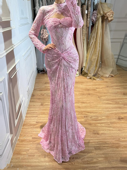 Luxury Pink Lace Long Sleeve High Neck Mermaid Evening Dress LA73757