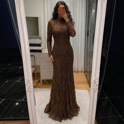 Brown High Neck Long Sleeve Beaded Lace Mermaid Evening Dress LA73757A