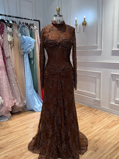 Brown High Neck Long Sleeve Beaded Lace Mermaid Evening Dress LA73757A