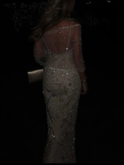 Luxury Gold Beaded Spaghetti Strap Mermaid Evening Dress LA73758