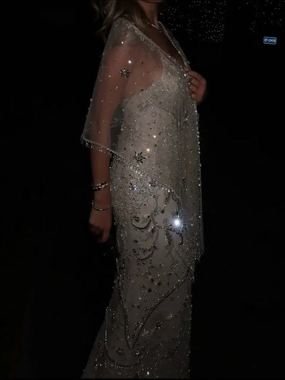 Luxury Gold Beaded Spaghetti Strap Mermaid Evening Dress LA73758