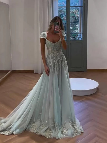 Luxury Sage Green Beaded Lace Cap Sleeves A Line Dress LA73759