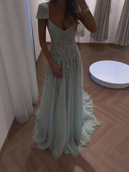 Luxury Sage Green Beaded Lace Cap Sleeves A Line Dress LA73759