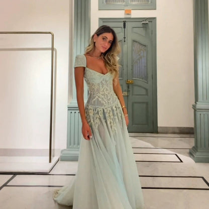 Luxury Sage Green Beaded Lace Cap Sleeves A Line Dress LA73759