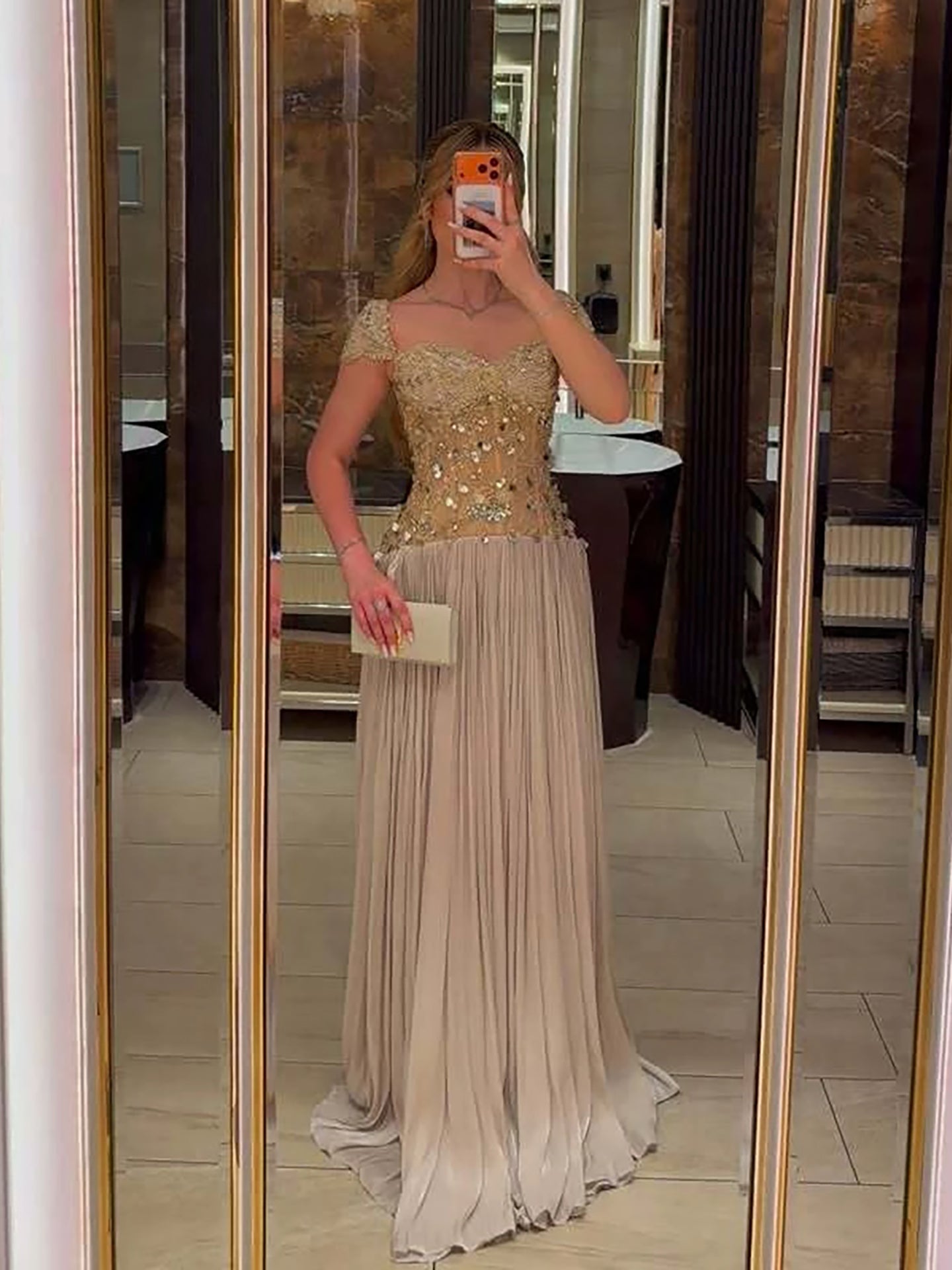 Luxury Cream Beaded Cap Sleeves Pleated Evening Dress LA73762