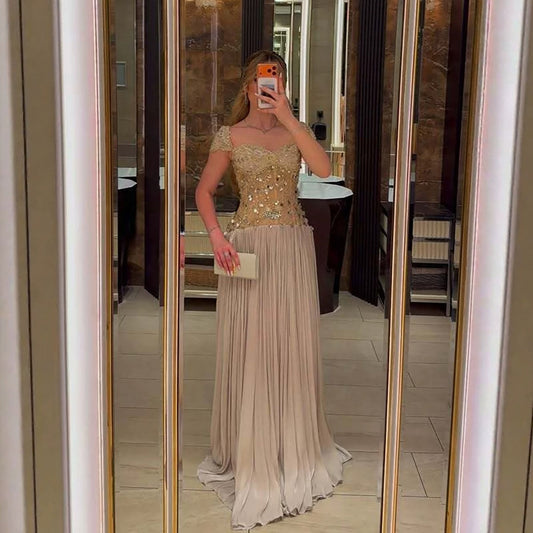 Luxury Nude Beaded Cap Sleeves Pleated Evening Dress LA73762