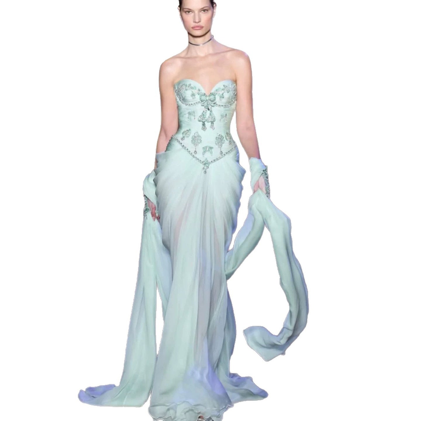 Luxury Sage Green Crystal Beaded Strapless Evening Dress LA73763
