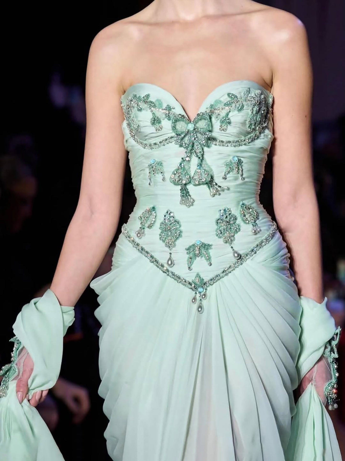Luxury Sage Green Crystal Beaded Strapless Evening Dress LA73763