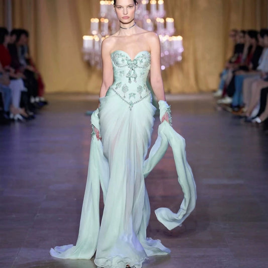 Luxury Sage Green Crystal Beaded Strapless Evening Dress LA73763